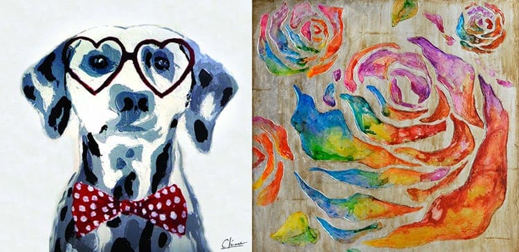 Schilderijen bloem en hond