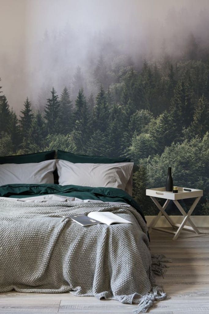 Slaapkamer fotobehang bos met mist