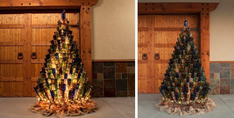 Kerstboom van wijnflessen verlicht en niet verlicht