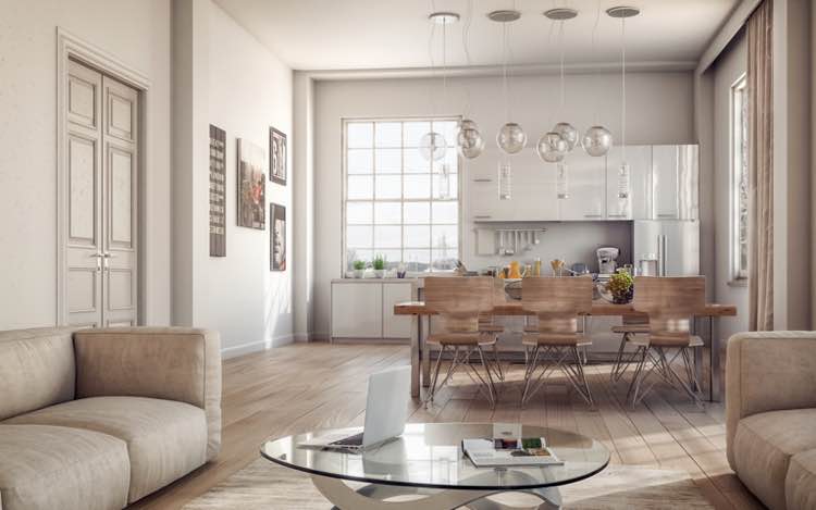 Moderne woonkamer en keuken met houten vloer